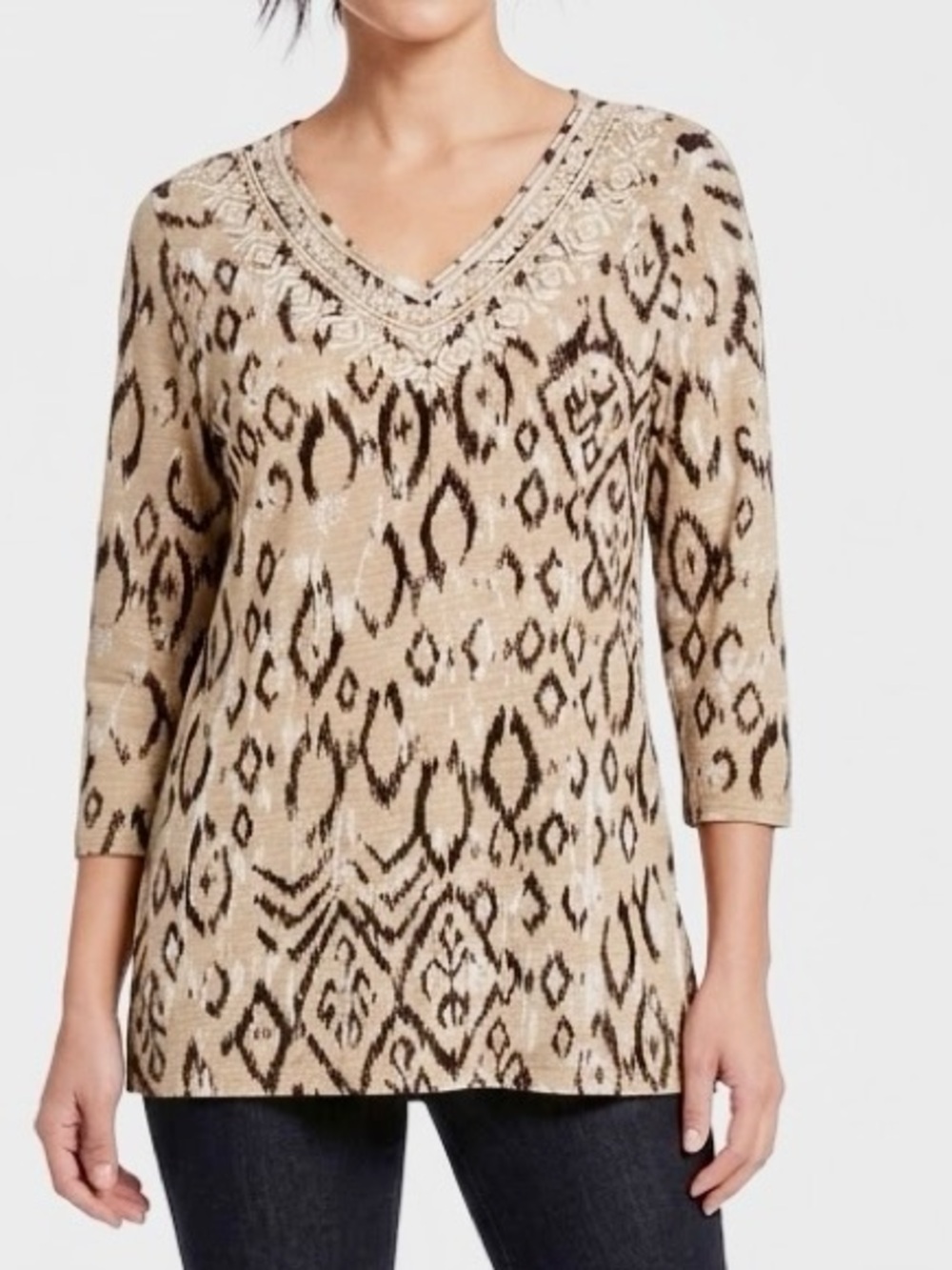 CHICOβS Boho Tan & Cream Ikat Print Embroidered V-Neck Knit Top Tee β #LHP